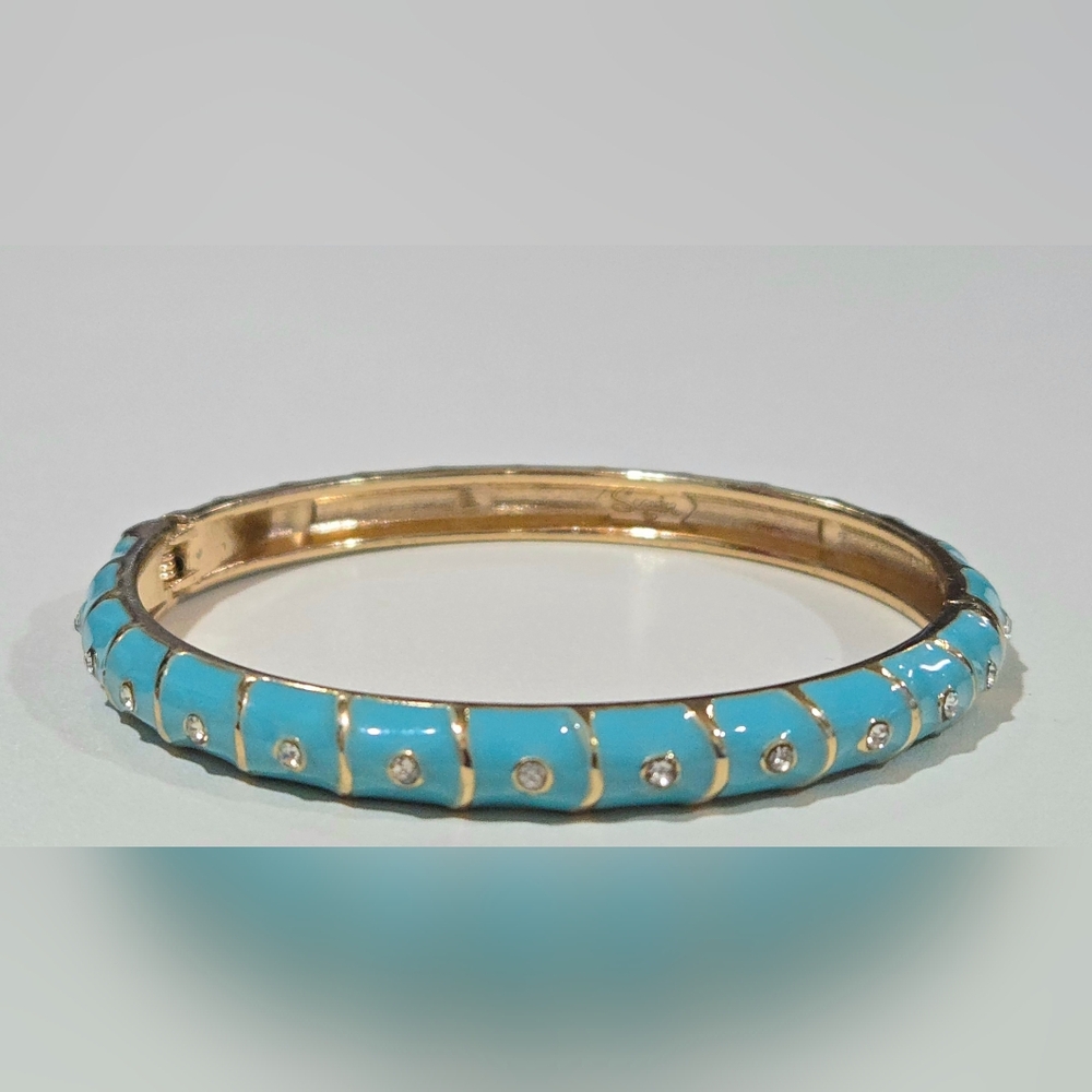 Nordstrom Sequin NYC Aqua/Turquoise Enamel Sparkling Crystals Bamboo Bangle NWOT
